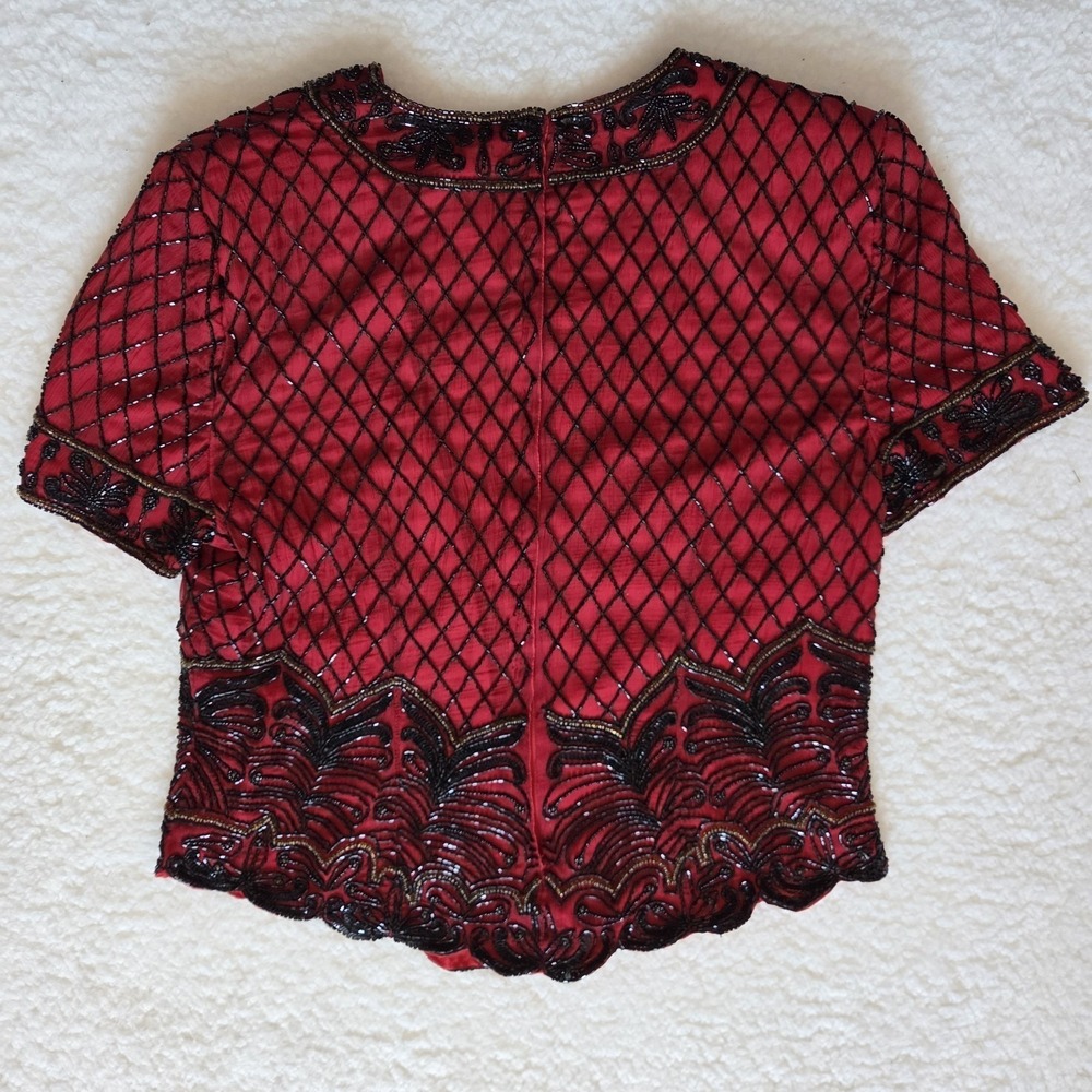 PAPELL BOUTIQUE EVENING BEADED BLOUSE WOMEN'S L 100% SILK VINTAGE RED FLORAL - Picture 3 of 7